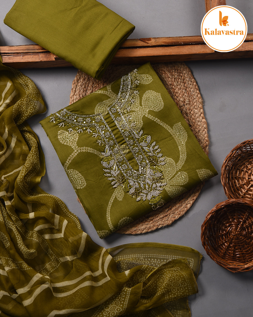 Mehandi Green - Cotton Glazed Blend - Printed With Embroidery - Unstitched Suit Fabric With Chiffon Dupatta