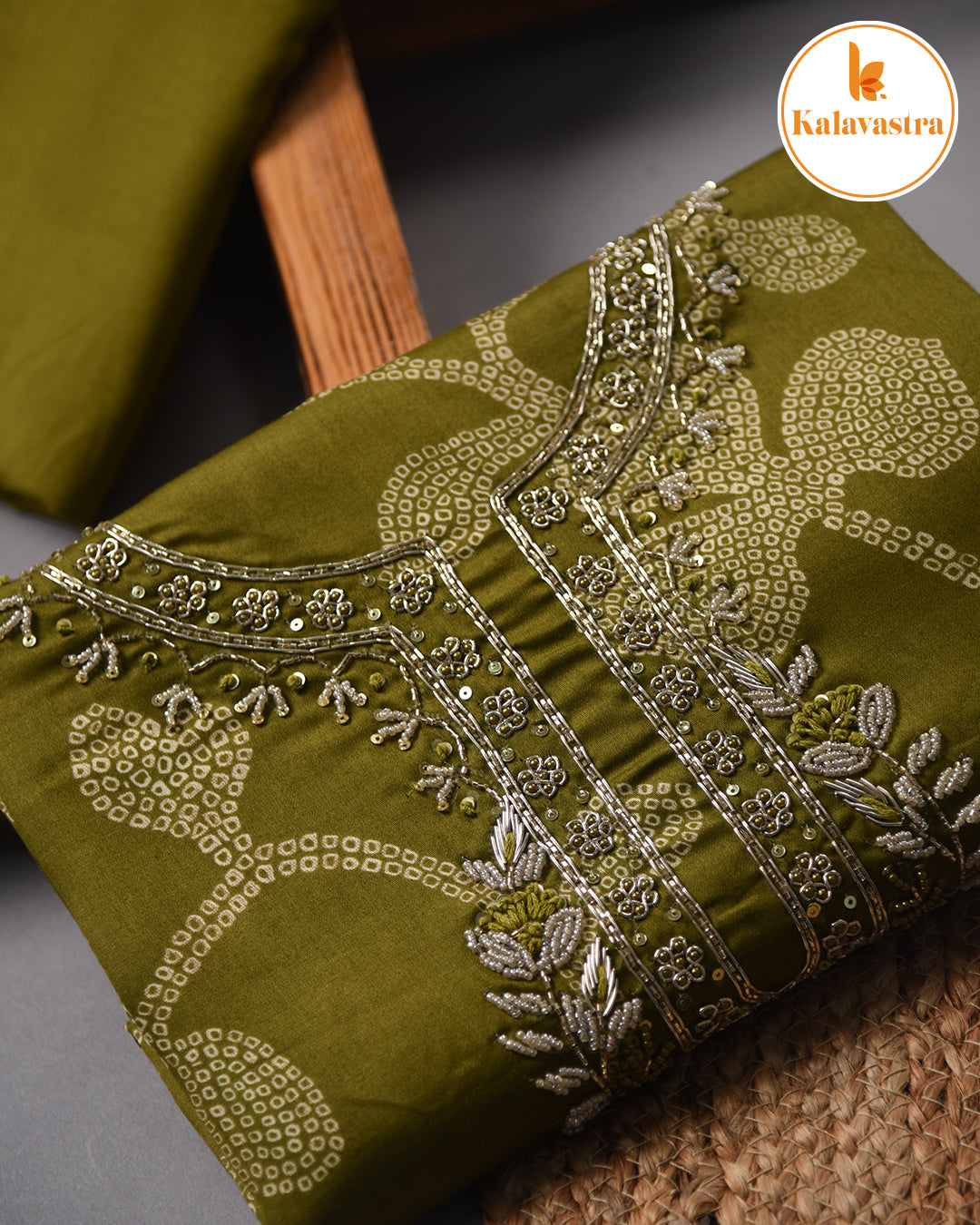 Mehandi Green - Cotton Glazed Blend - Printed With Embroidery - Unstitched Suit Fabric With Chiffon Dupatta