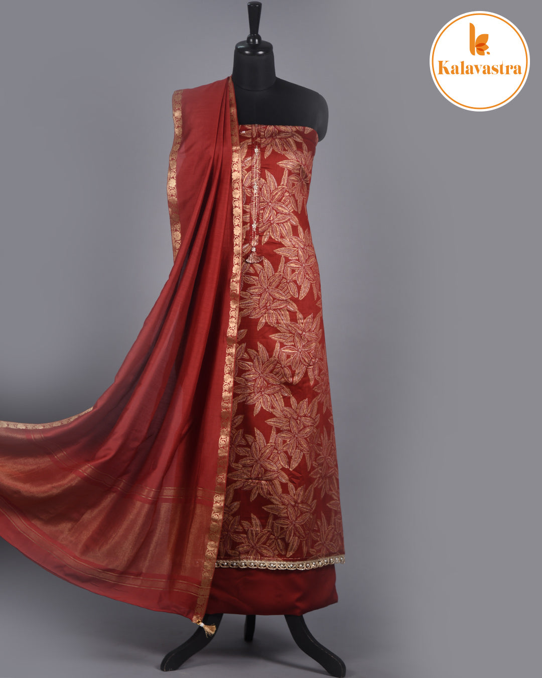 Maroon - Cotton Glazed - Printed - Unstitched Suit Fabric Set With Chanderi Blend Woven Dupatta