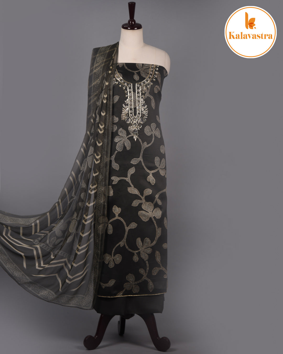 Grayish Black - Cotton Glazed Blend - Printed With Embroidery - Unstitched Suit Fabric With Chiffon Dupatta