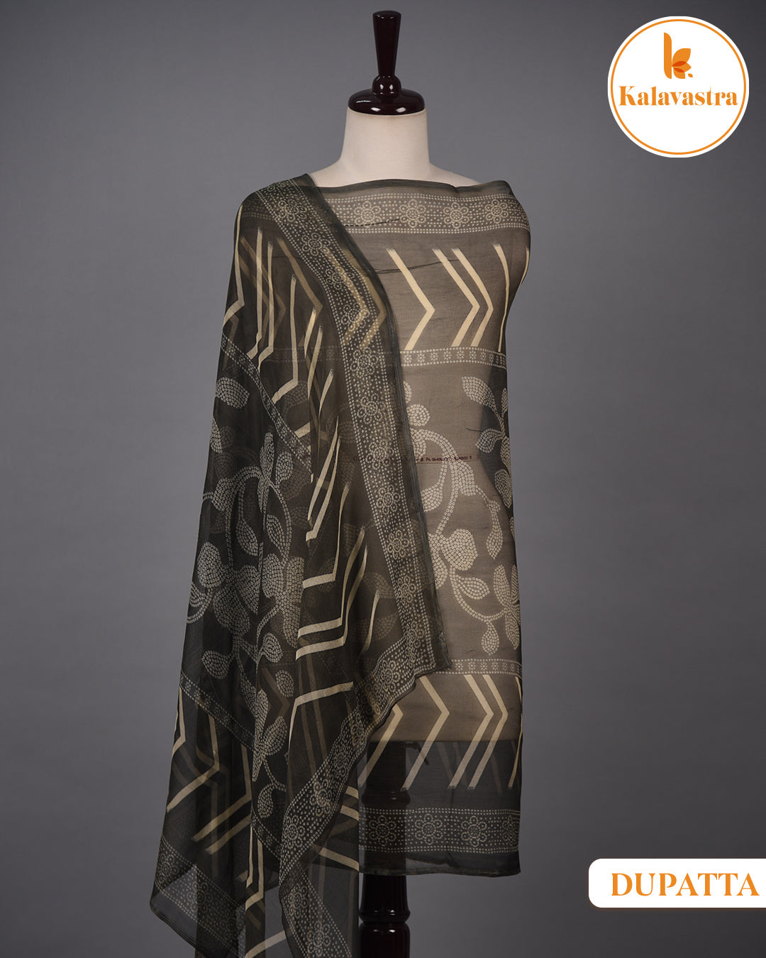 Grayish Black - Cotton Glazed Blend - Printed With Embroidery - Unstitched Suit Fabric With Chiffon Dupatta