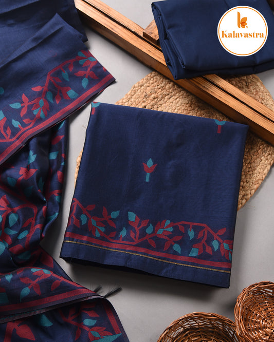 Blue With Maroon-Chanderi-Jamdani Woven-Unstitched Suit Fabric With Chanderi Jamdani Woven Dupatta