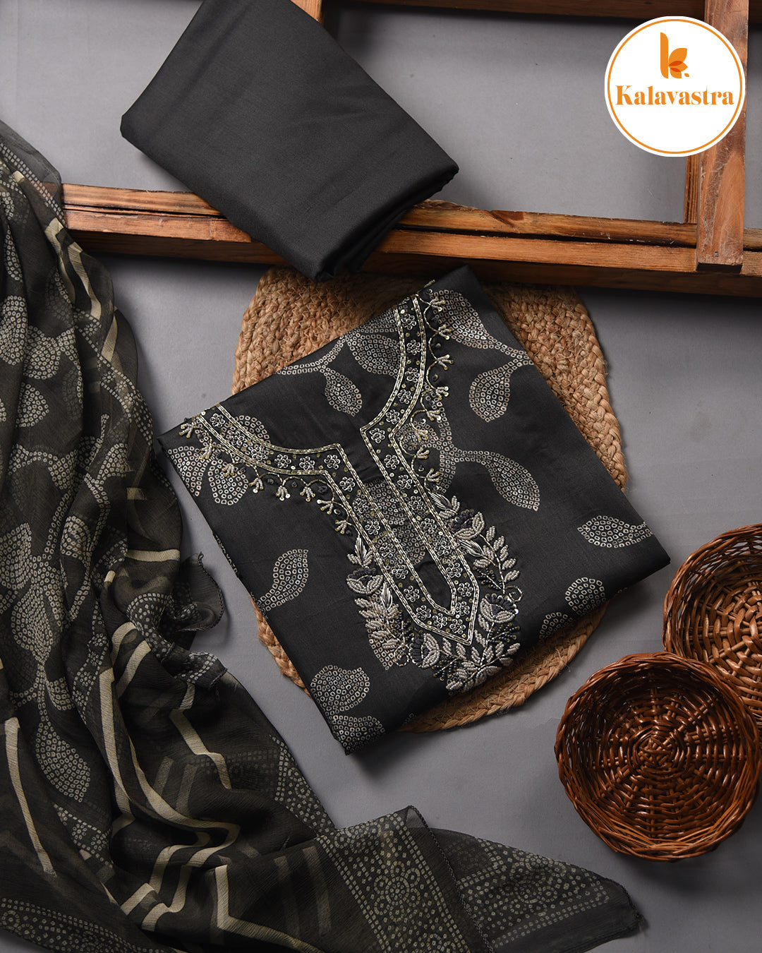 Grayish Black - Cotton Glazed Blend - Printed With Embroidery - Unstitched Suit Fabric With Chiffon Dupatta