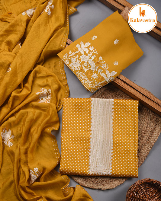 Mustard- Cotton Glaze Blend - Printed With Embroidery - Unstitched Suit Fabric With Chanderi Blend Embroidered Dupatta