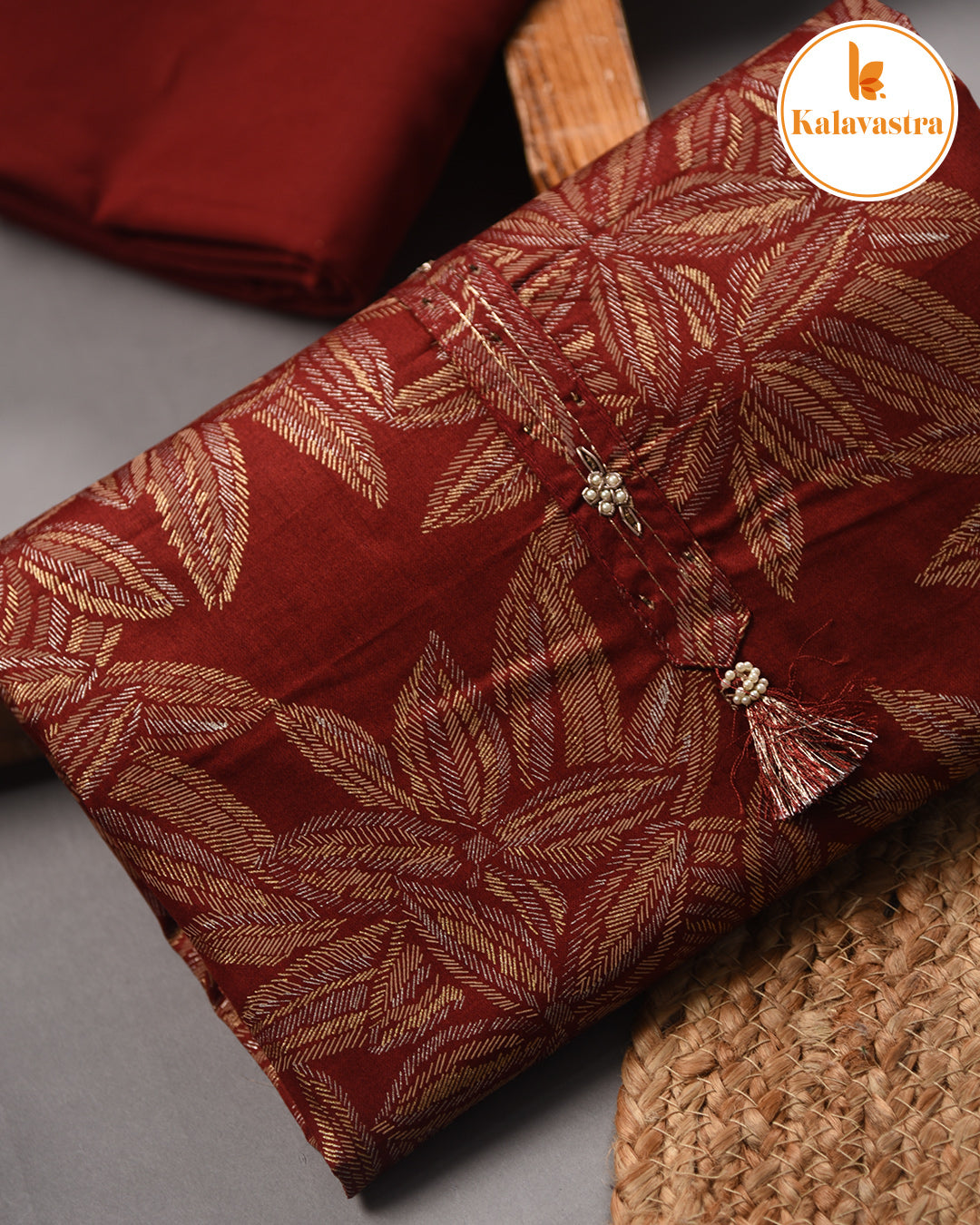 Maroon - Cotton Glazed - Printed - Unstitched Suit Fabric Set With Chanderi Blend Woven Dupatta