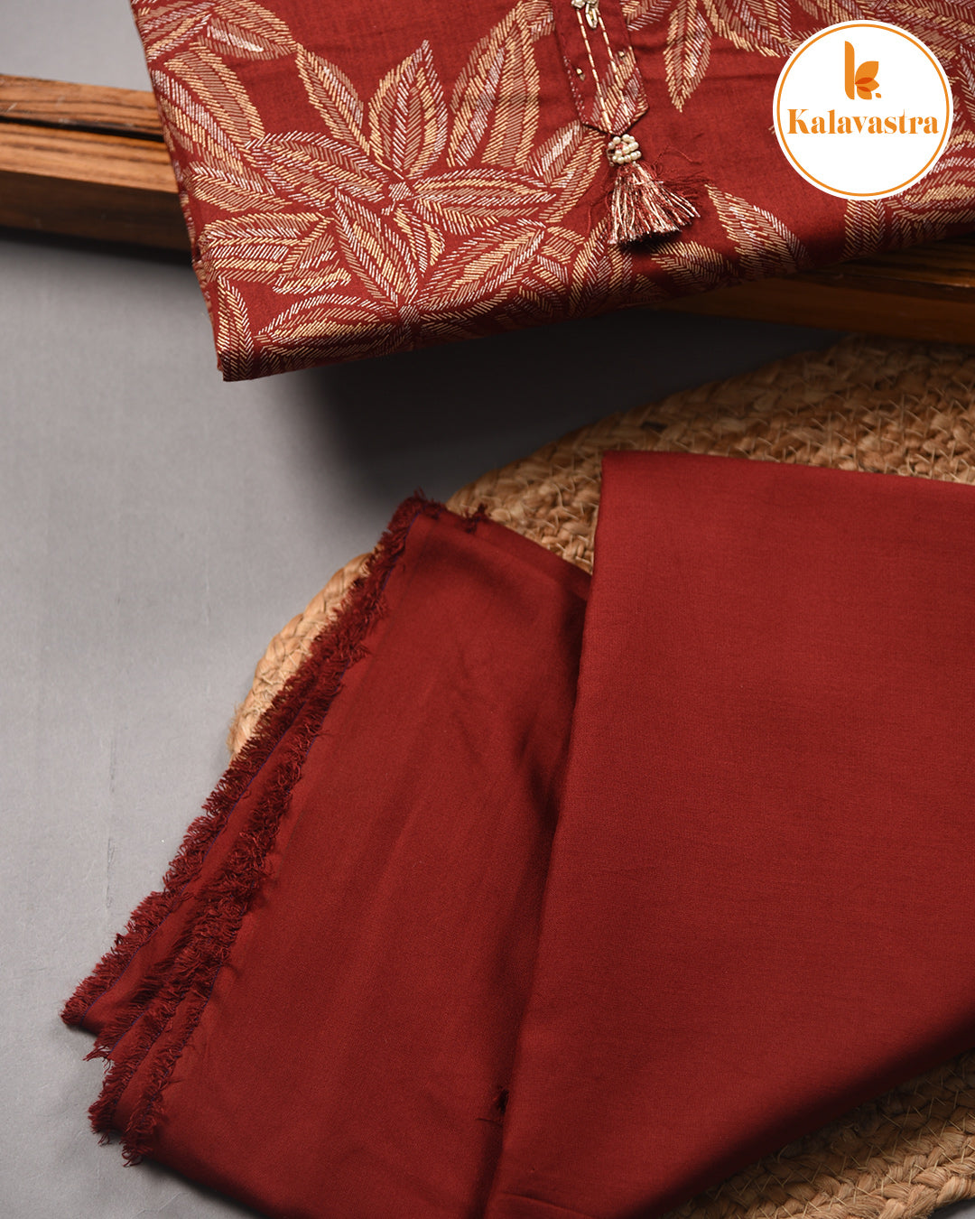 Maroon - Cotton Glazed - Printed - Unstitched Suit Fabric Set With Chanderi Blend Woven Dupatta