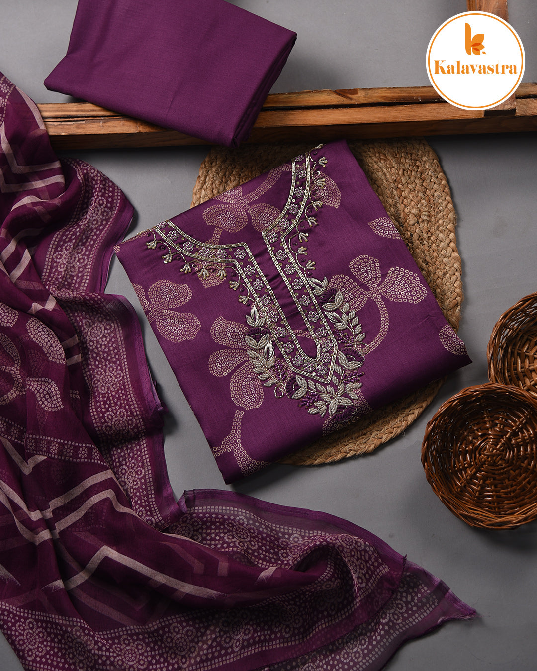 Purple - Cotton Glazed Blend - Printed With Embroidery - Unstitched Suit Fabric With Chiffon Dupatta