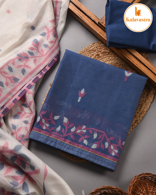 Light Blue With Pink-Chanderi-Jamdani Woven-Unstitched Suit Fabric With Chanderi Jamdani Woven Dupatta