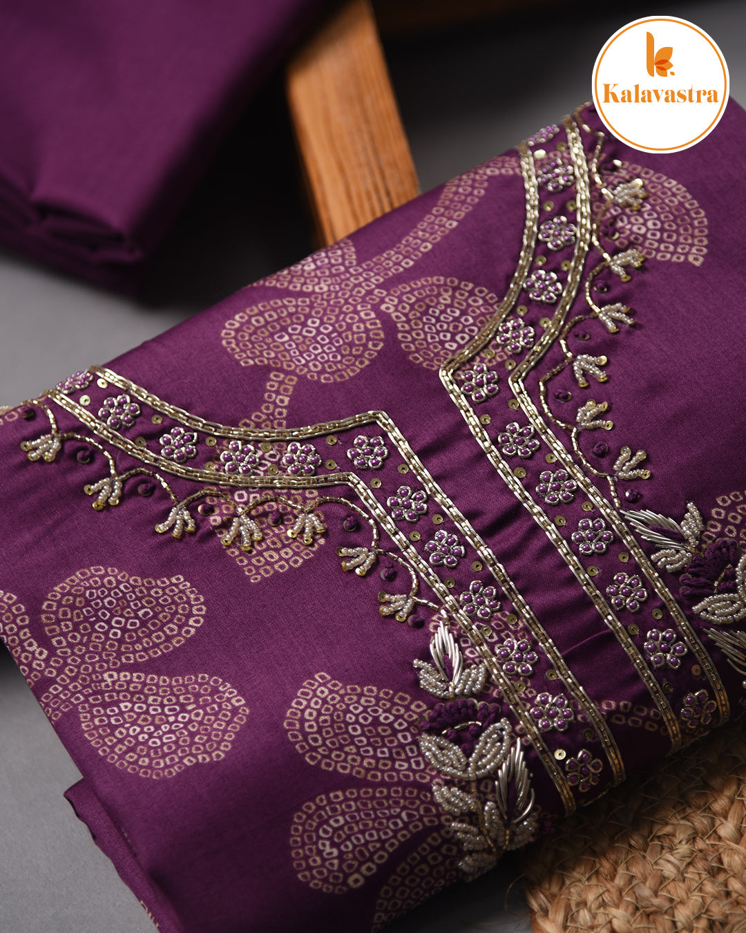 Purple - Cotton Glazed Blend - Printed With Embroidery - Unstitched Suit Fabric With Chiffon Dupatta