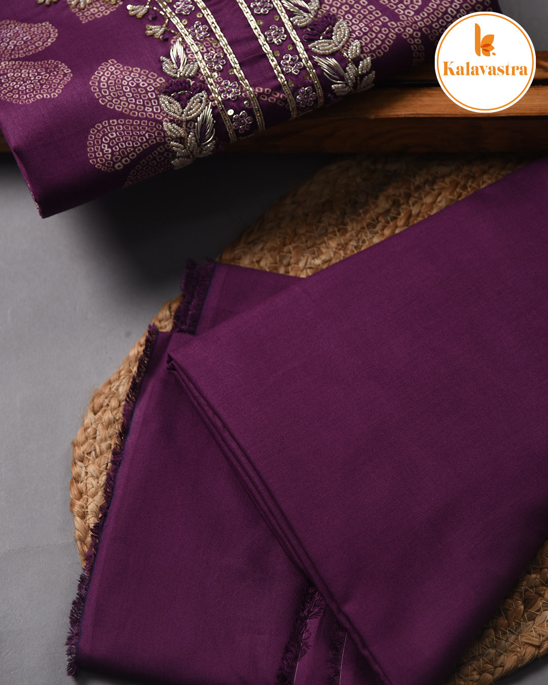 Purple - Cotton Glazed Blend - Printed With Embroidery - Unstitched Suit Fabric With Chiffon Dupatta