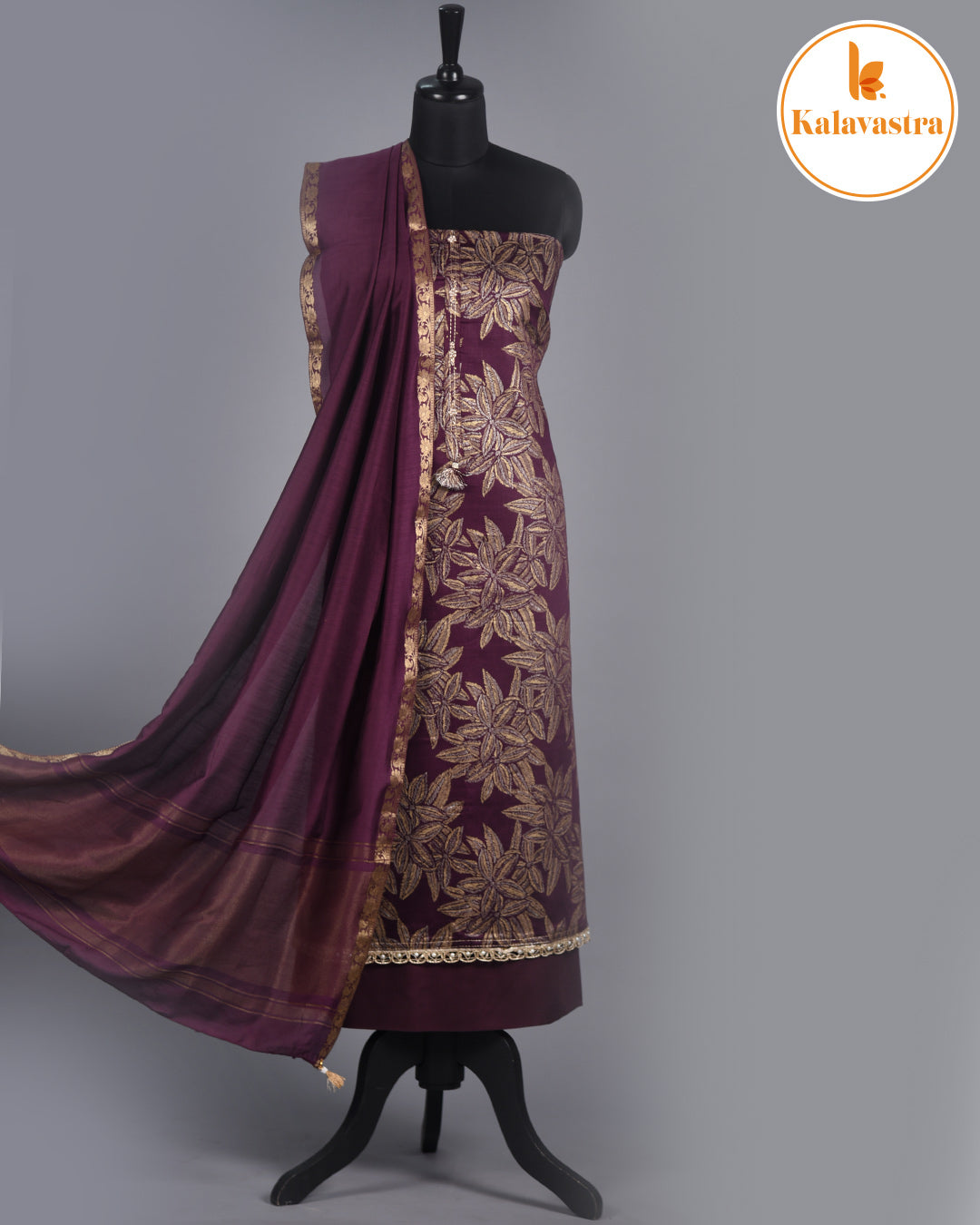 Wine- Cotton Glazed - Printed - Unstitched Suit Fabric Set With Chanderi Blend Woven Dupatta