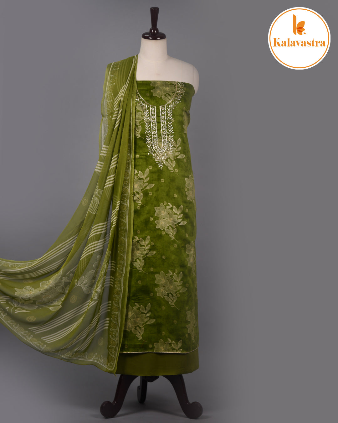 Bright Green- Cotton Glazed - Printed With Embroidery - Unstitched Suit Fabric With Chiffon Dupatta