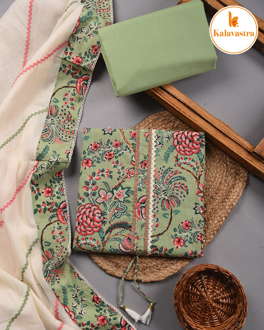 Green- Cotton Pure- Printed With Embroidery - Unstitched Suit Fabric With Cotton Embroidered Dupatta