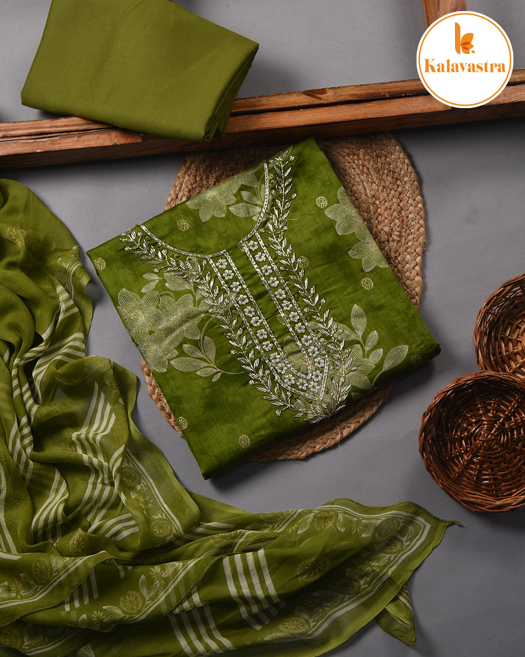 Bright Green- Cotton Glazed - Printed With Embroidery - Unstitched Suit Fabric With Chiffon Dupatta