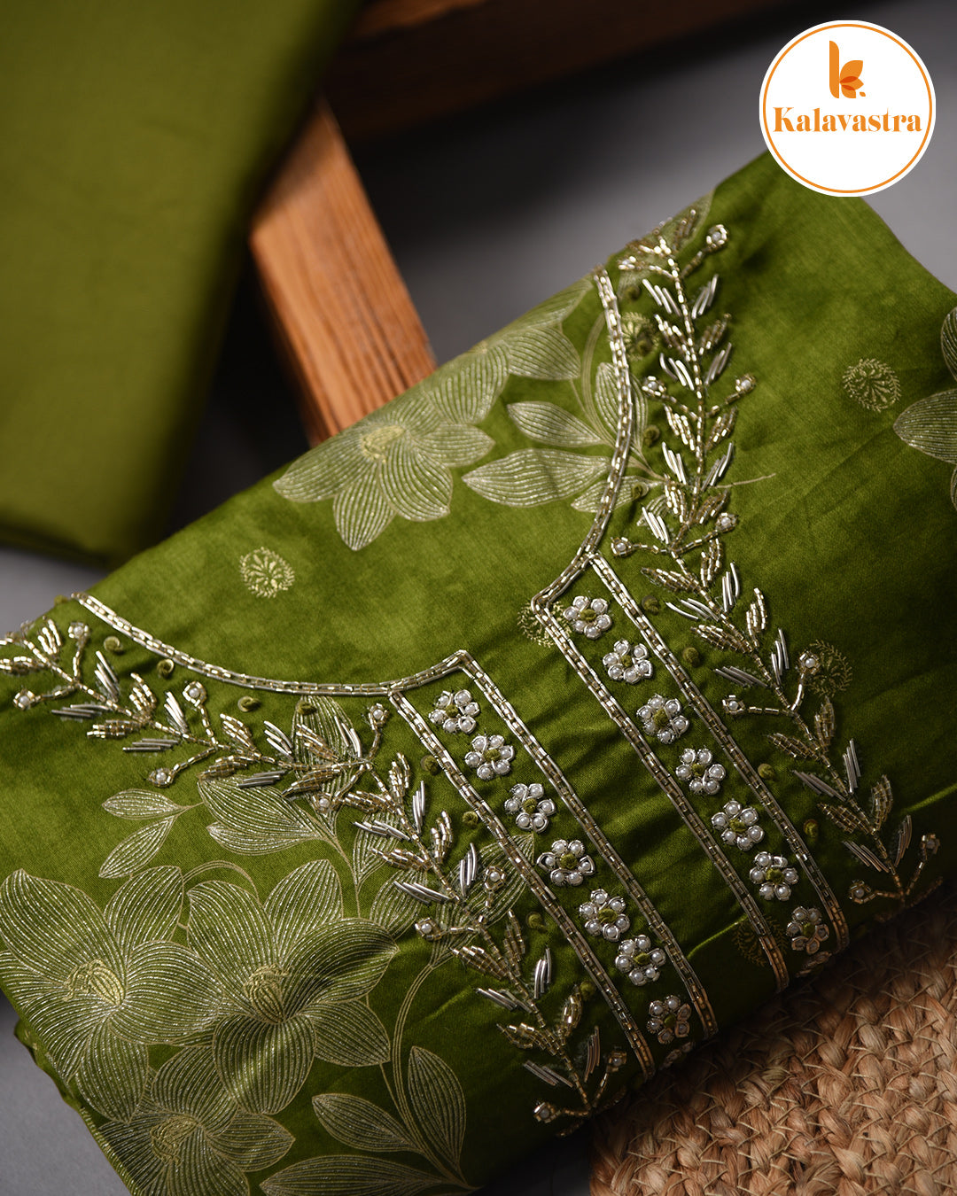 Bright Green- Cotton Glazed - Printed With Embroidery - Unstitched Suit Fabric With Chiffon Dupatta