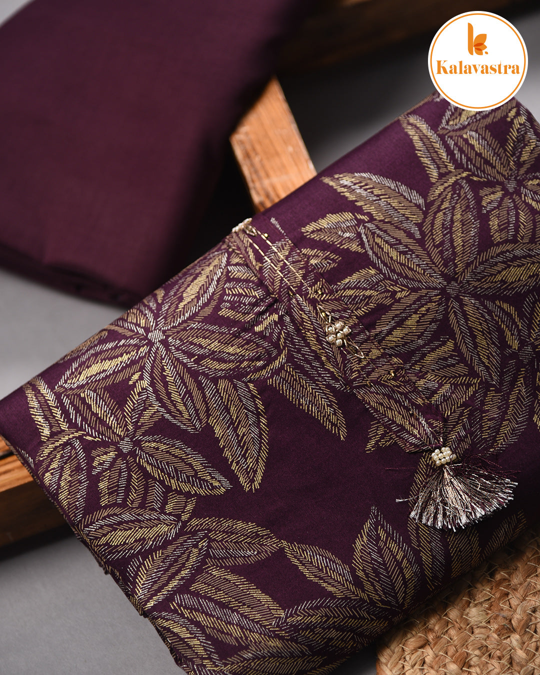 Wine- Cotton Glazed - Printed - Unstitched Suit Fabric Set With Chanderi Blend Woven Dupatta