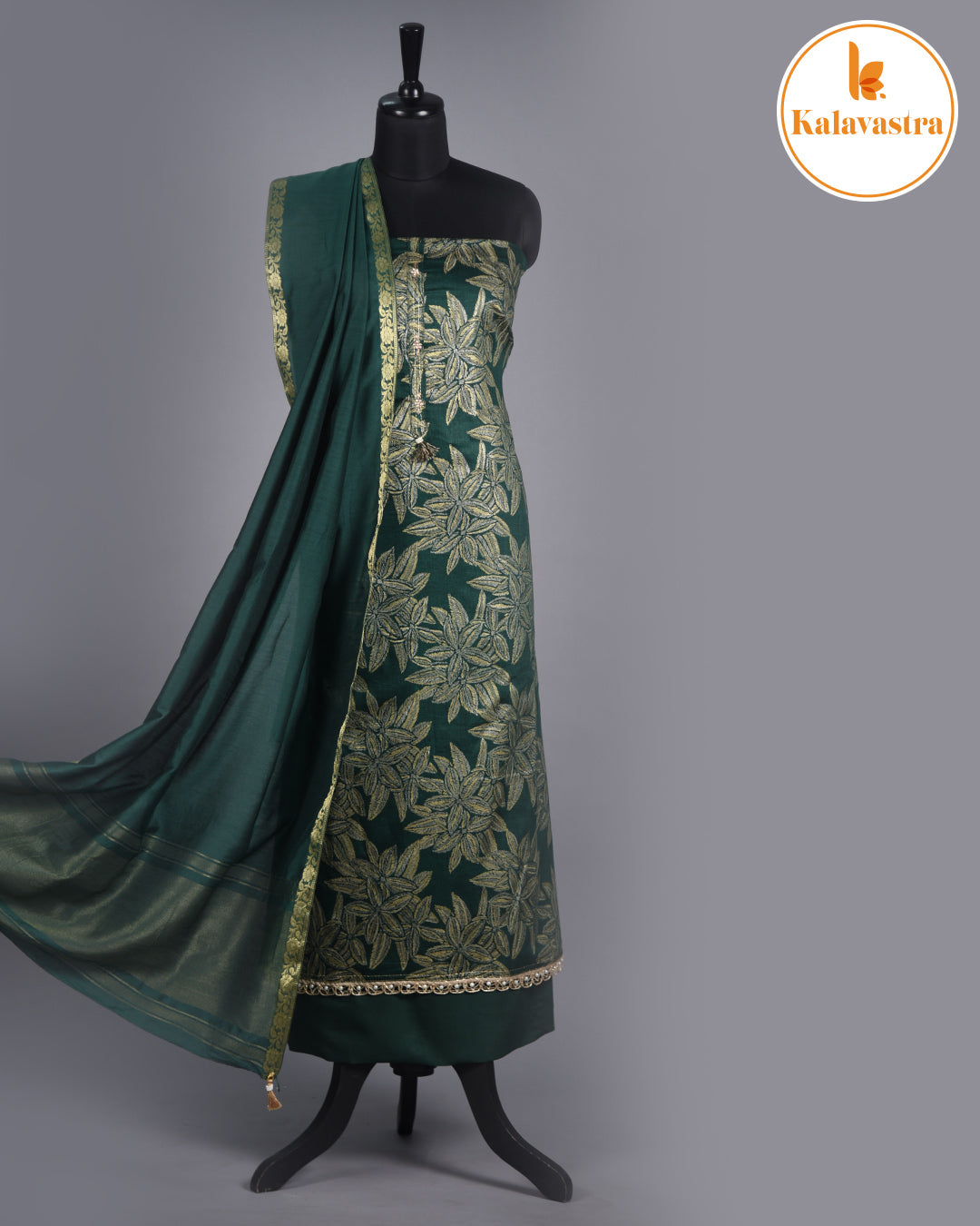 Green- Cotton Glazed - Printed - Unstitched Suit Fabric Set With Chanderi Blend Woven Dupatta