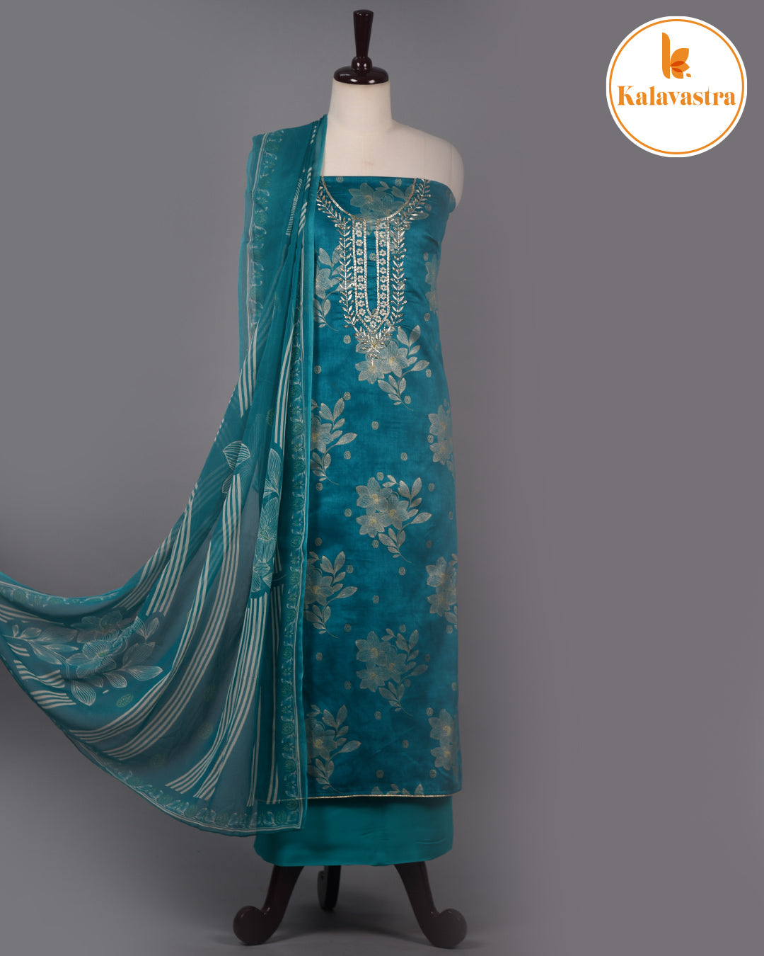 Turquoise- Cotton Glazed - Printed With Embroidery - Unstitched Suit Fabric With Chiffon Dupatta