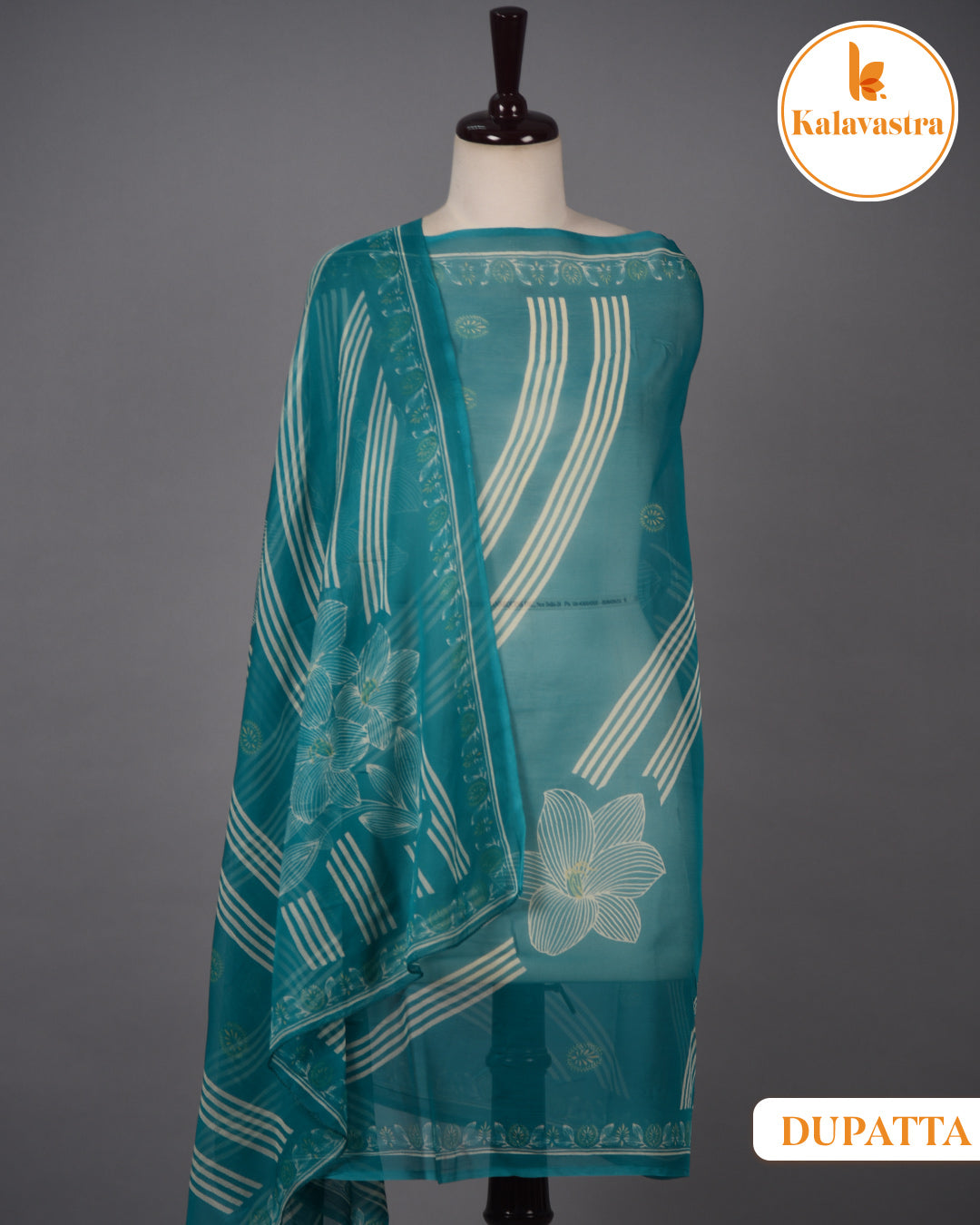 Turquoise- Cotton Glazed - Printed With Embroidery - Unstitched Suit Fabric With Chiffon Dupatta