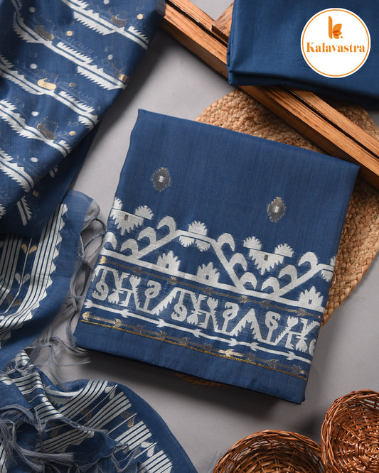 Blue With Off White-Chanderi-Jamdani Woven-Unstitched Suit Fabric With Chanderi Jamdani Woven Dupatta