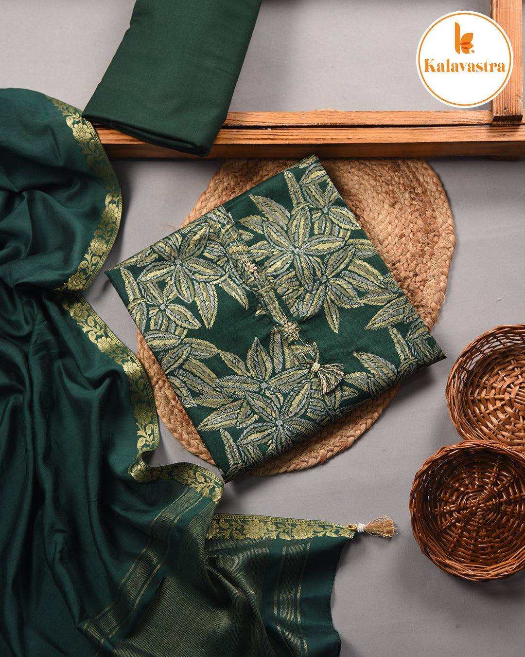 Green- Cotton Glazed - Printed - Unstitched Suit Fabric Set With Chanderi Blend Woven Dupatta