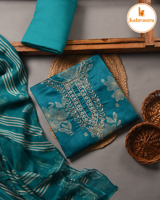 Turquoise- Cotton Glazed - Printed With Embroidery - Unstitched Suit Fabric With Chiffon Dupatta