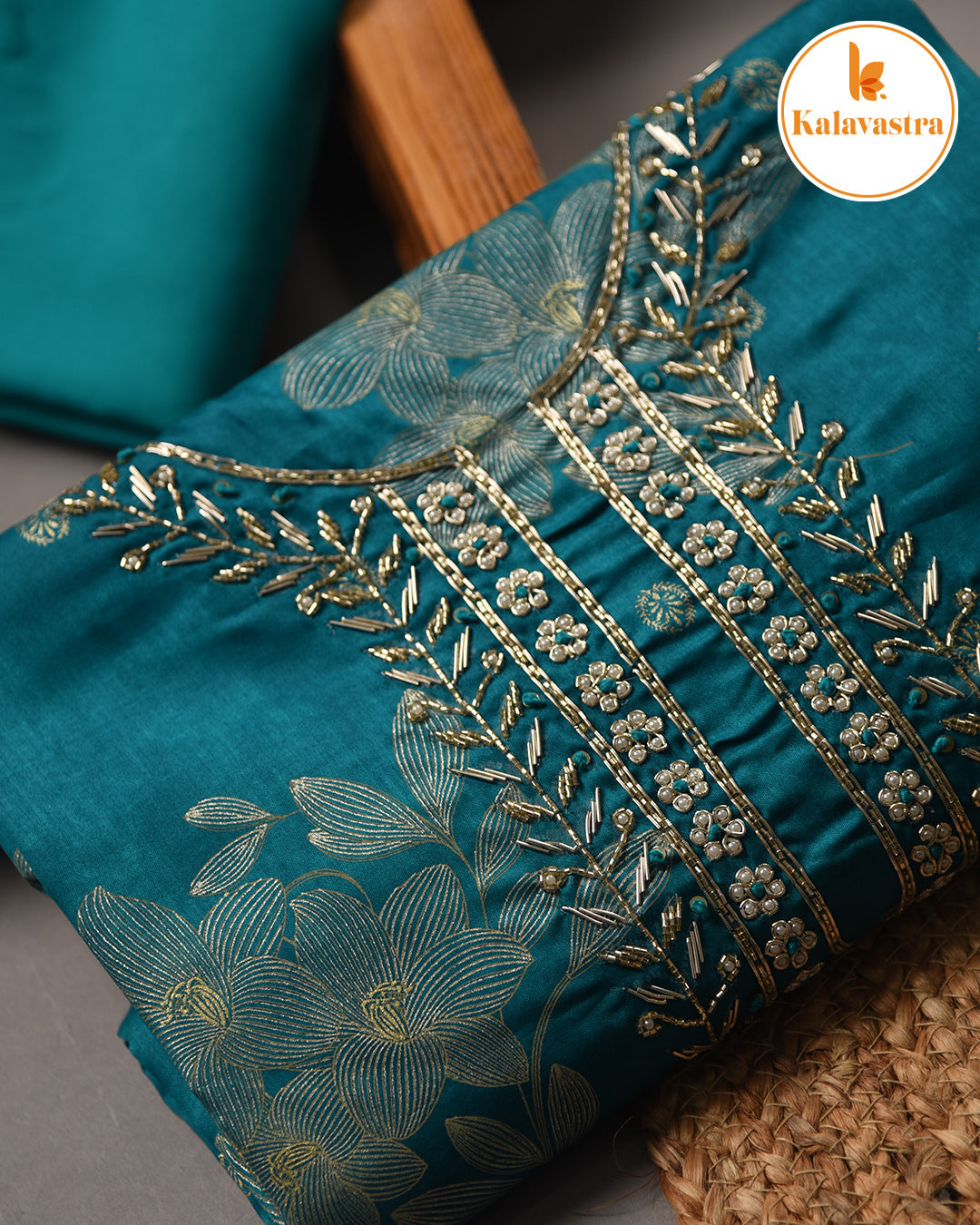 Turquoise- Cotton Glazed - Printed With Embroidery - Unstitched Suit Fabric With Chiffon Dupatta