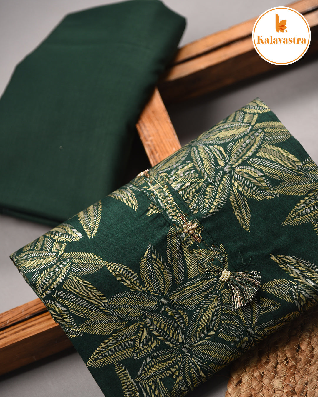 Green- Cotton Glazed - Printed - Unstitched Suit Fabric Set With Chanderi Blend Woven Dupatta