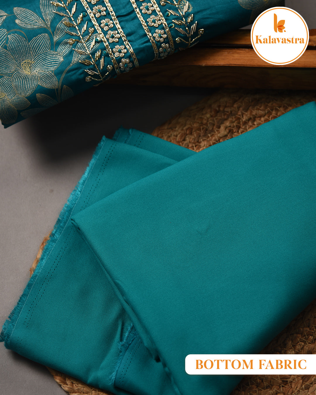 Turquoise- Cotton Glazed - Printed With Embroidery - Unstitched Suit Fabric With Chiffon Dupatta