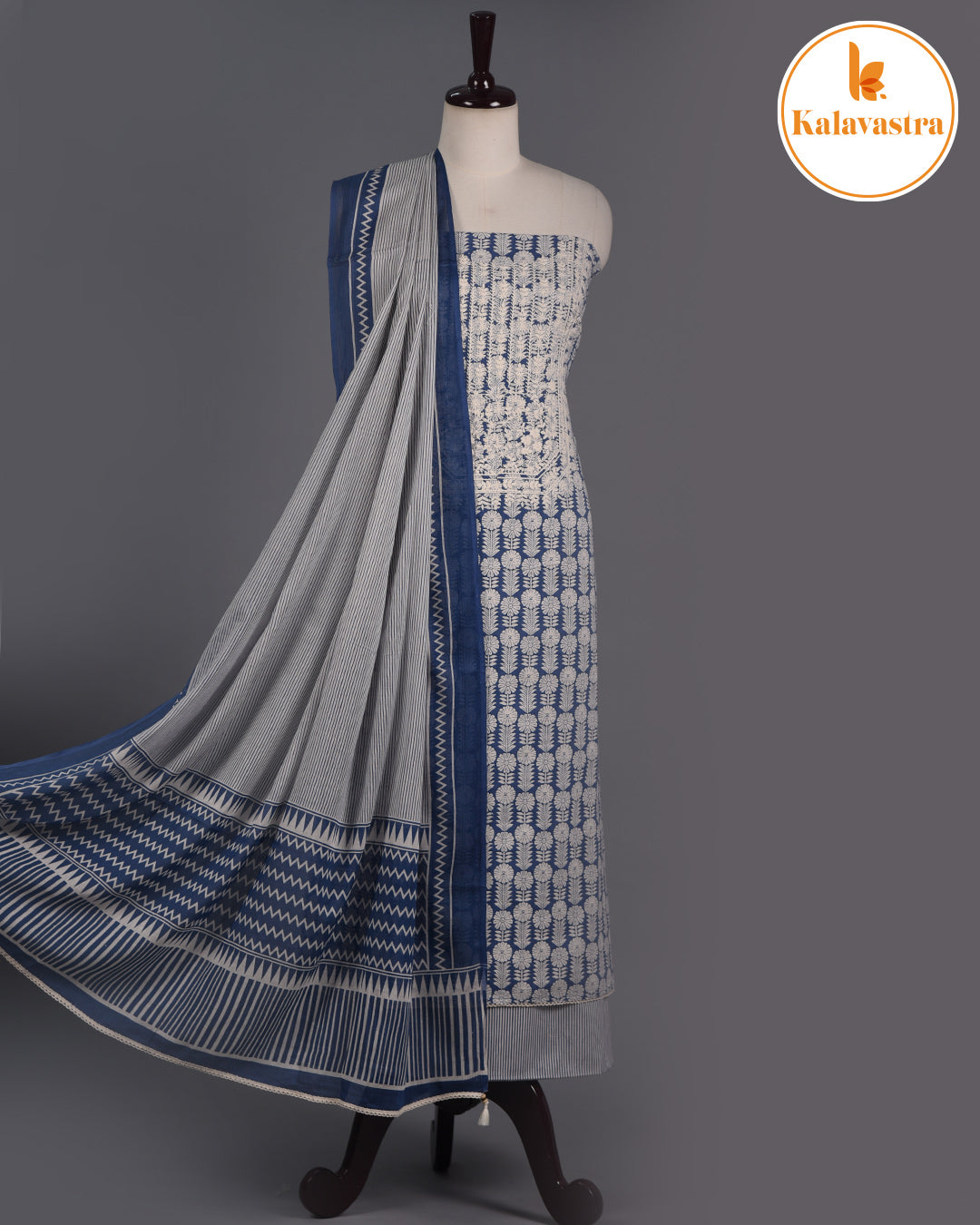 Blue- Pure Cotton - Hand Block Printed With Embroidery- Unstitched Suit Fabric With Cotton Dupatta