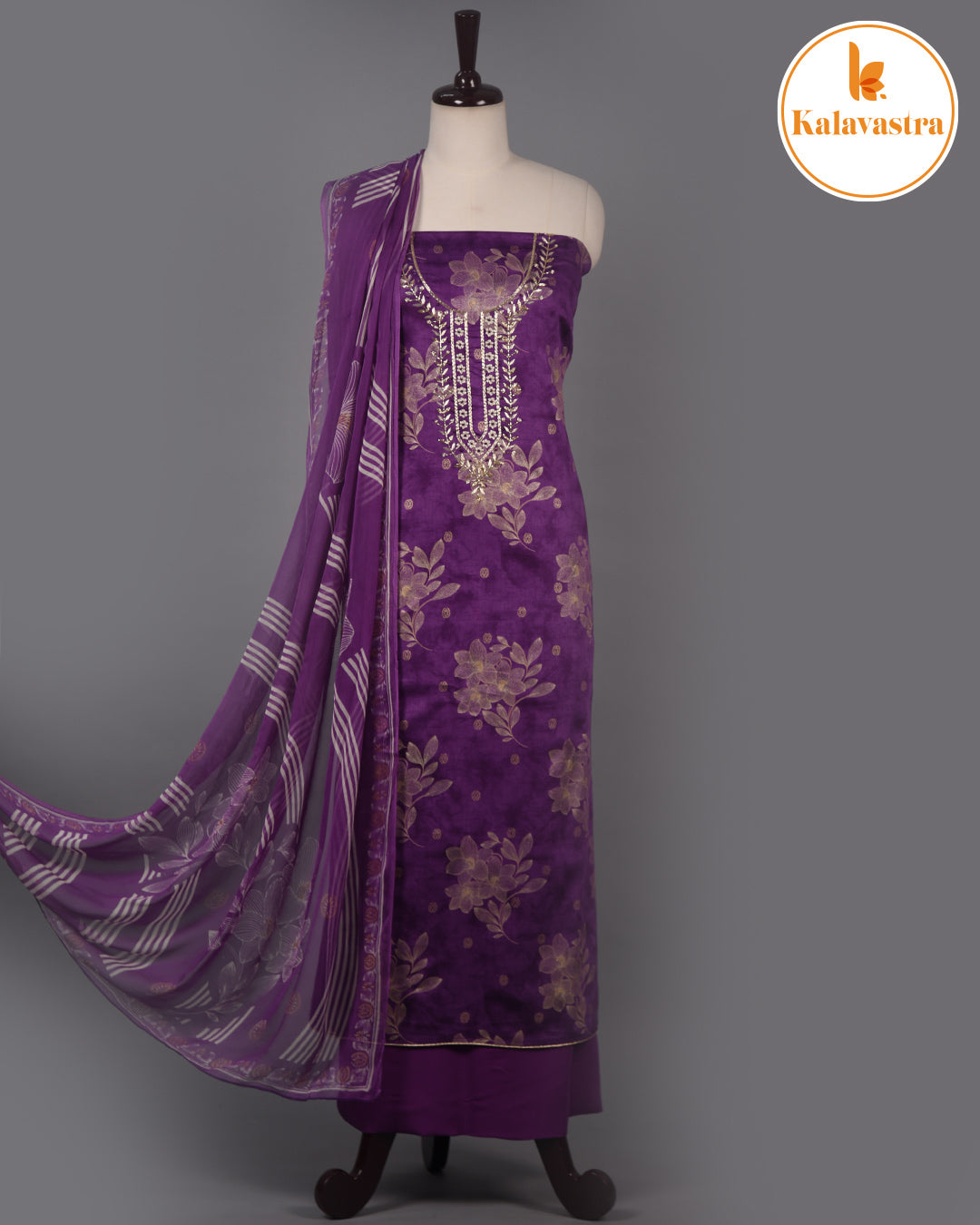 Purple - Cotton Glazed - Printed With Embroidery - Unstitched Suit Fabric With Chiffon Dupatta