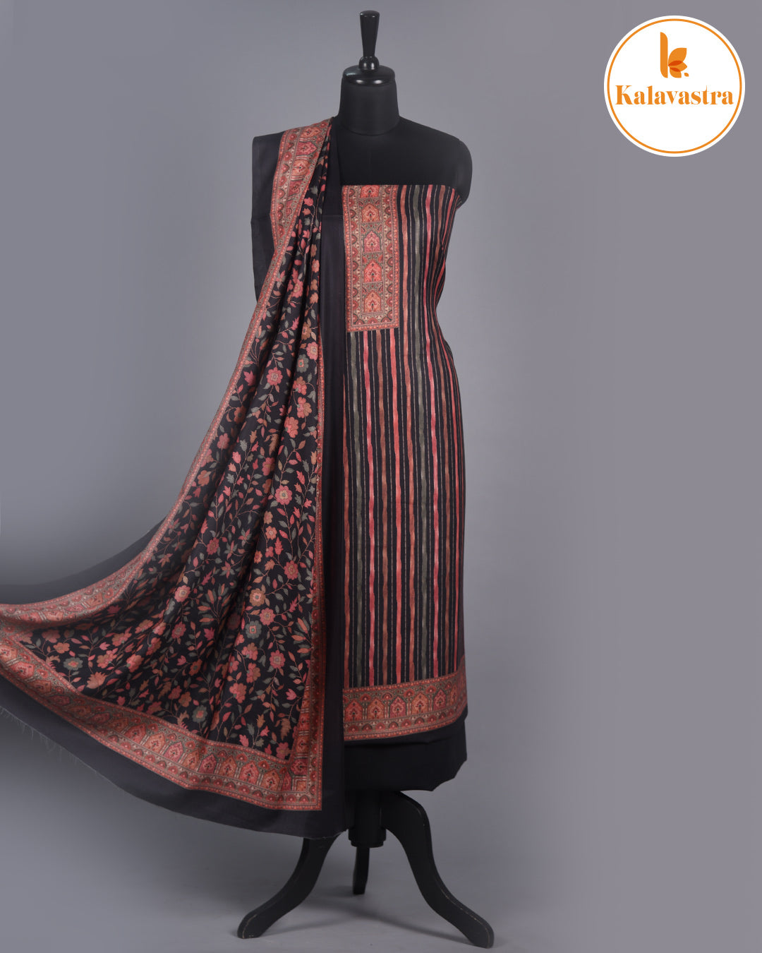 Black With Rust- Winter Wear - Spun - Printed - Unstitched Suit Fabric With Spun Dupatta