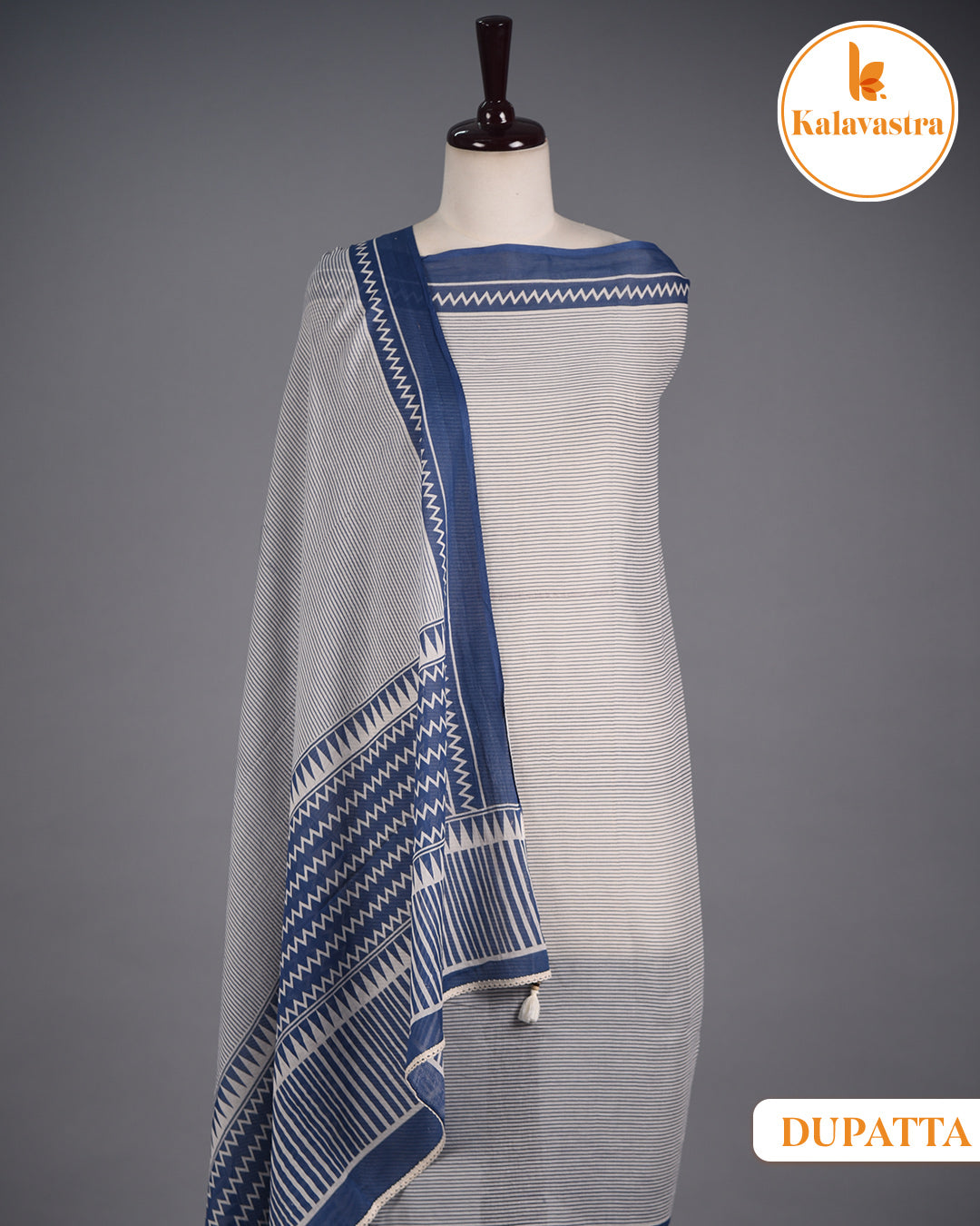 Blue- Pure Cotton - Hand Block Printed With Embroidery- Unstitched Suit Fabric With Cotton Dupatta