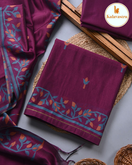 Wine With Green-Chanderi-Jamdani Woven-Unstitched Suit Fabric With Chanderi Jamdani Woven Dupatta