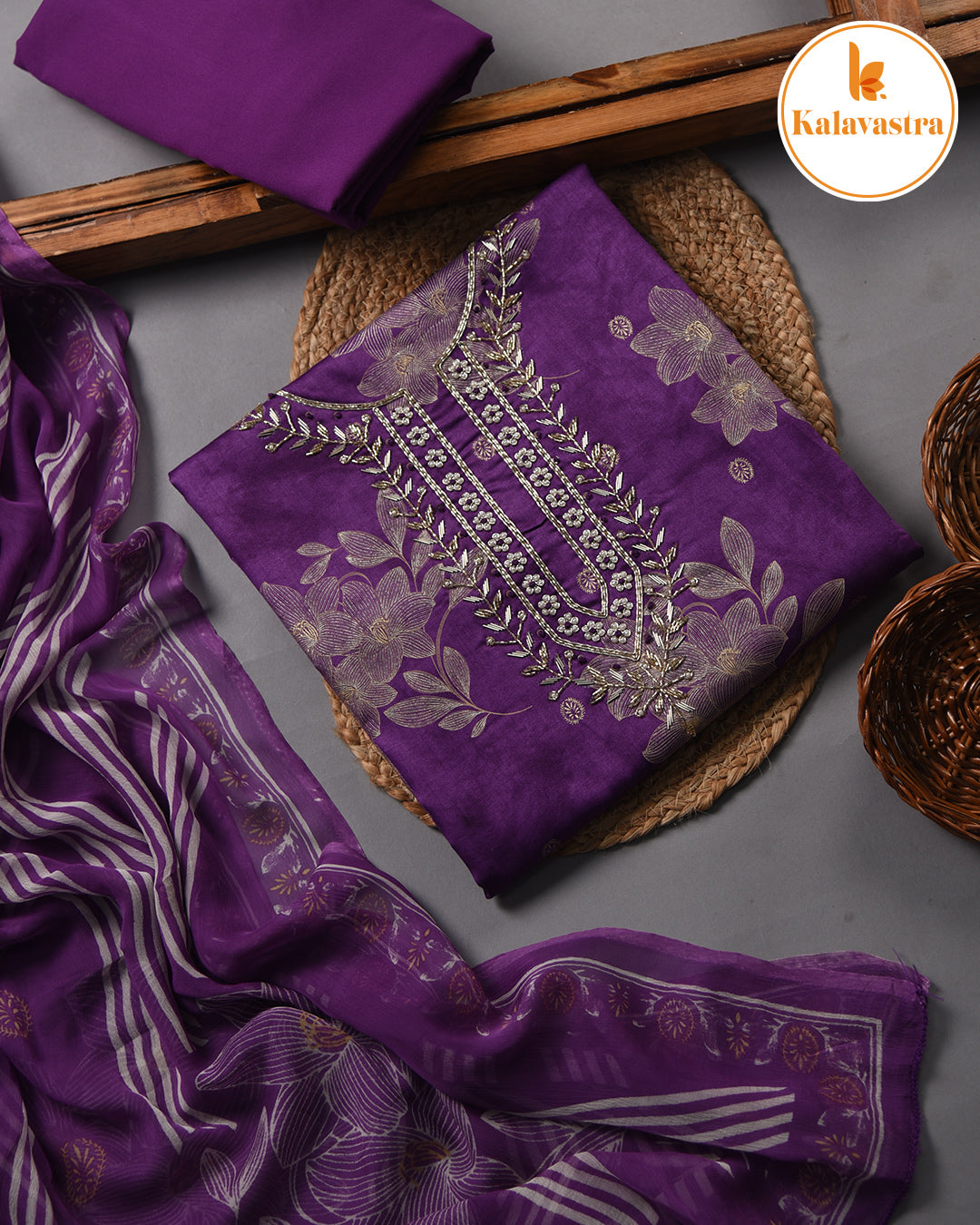 Purple - Cotton Glazed - Printed With Embroidery - Unstitched Suit Fabric With Chiffon Dupatta