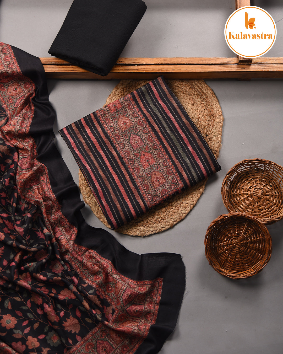 Black With Rust- Winter Wear - Spun - Printed - Unstitched Suit Fabric With Spun Dupatta