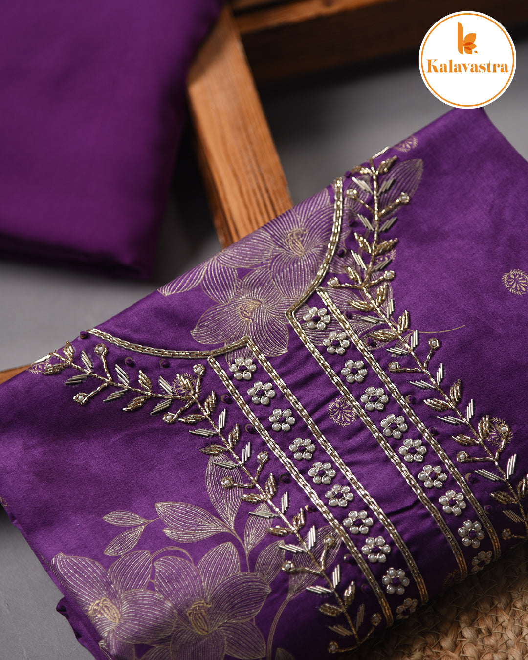 Purple - Cotton Glazed - Printed With Embroidery - Unstitched Suit Fabric With Chiffon Dupatta