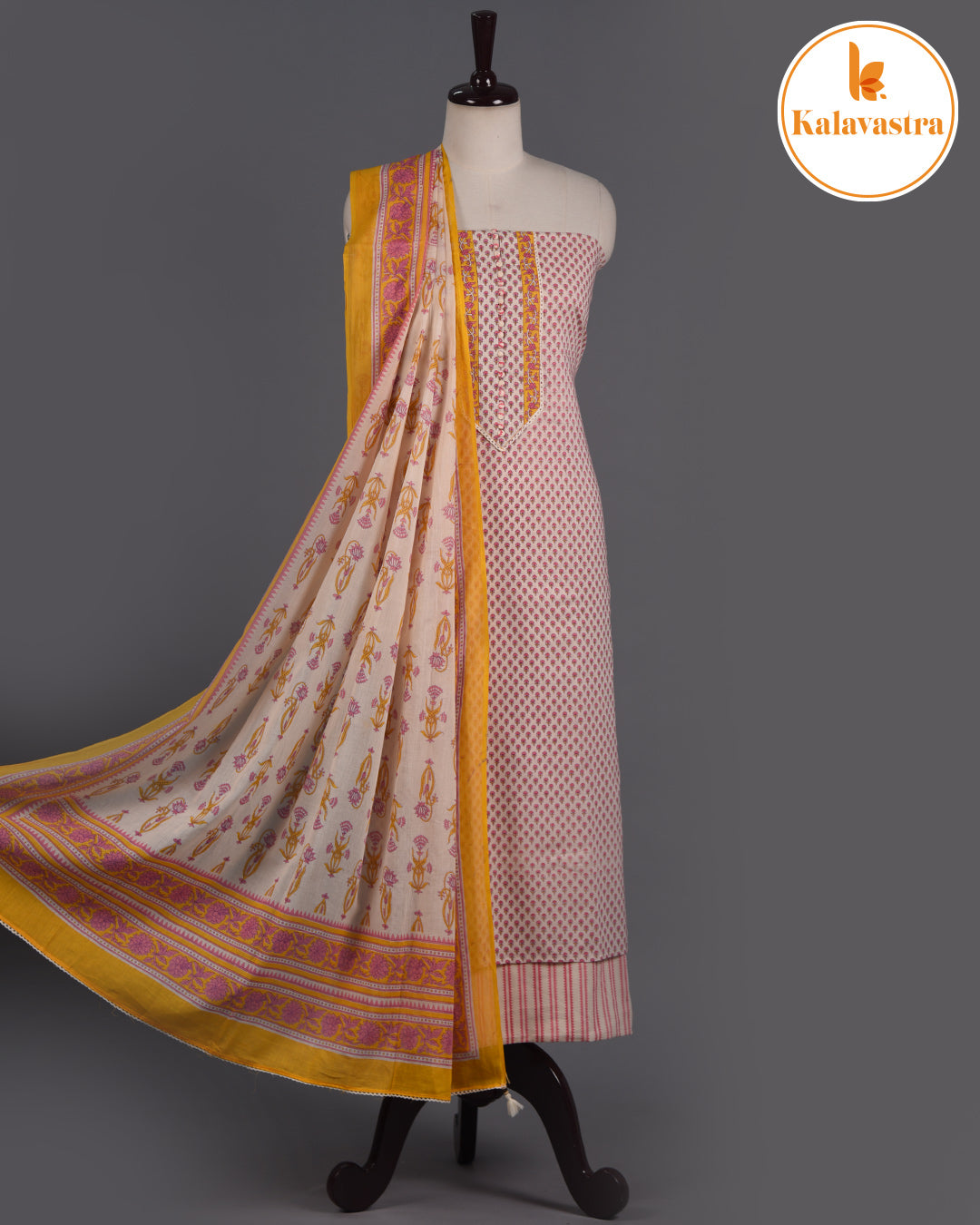 Cream With Pink- Pure Cotton - Hand Block Printed - Unstitched Suit Fabric With Cotton Dupatta