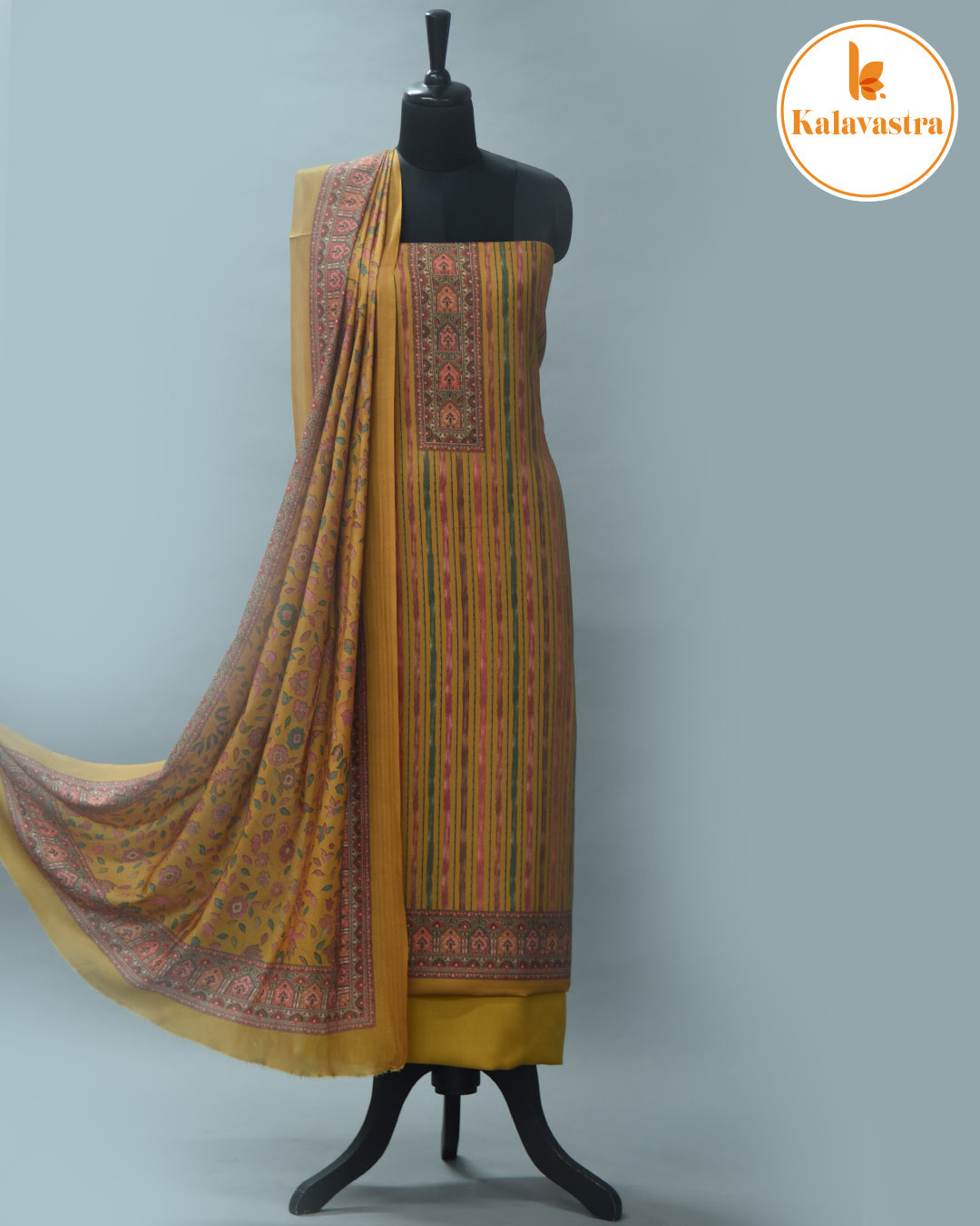 Mustard With Pink- Winter Wear - Spun - Printed - Unstitched Suit Fabric With Spun Dupatta