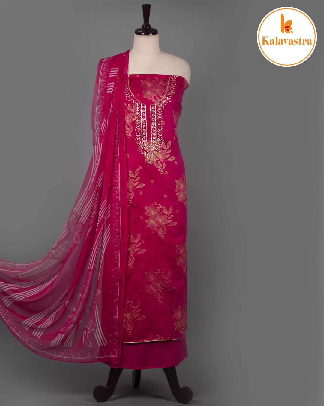 Magenta - Cotton Glazed - Printed With Embroidery - Unstitched Suit Fabric With Chiffon Dupatta