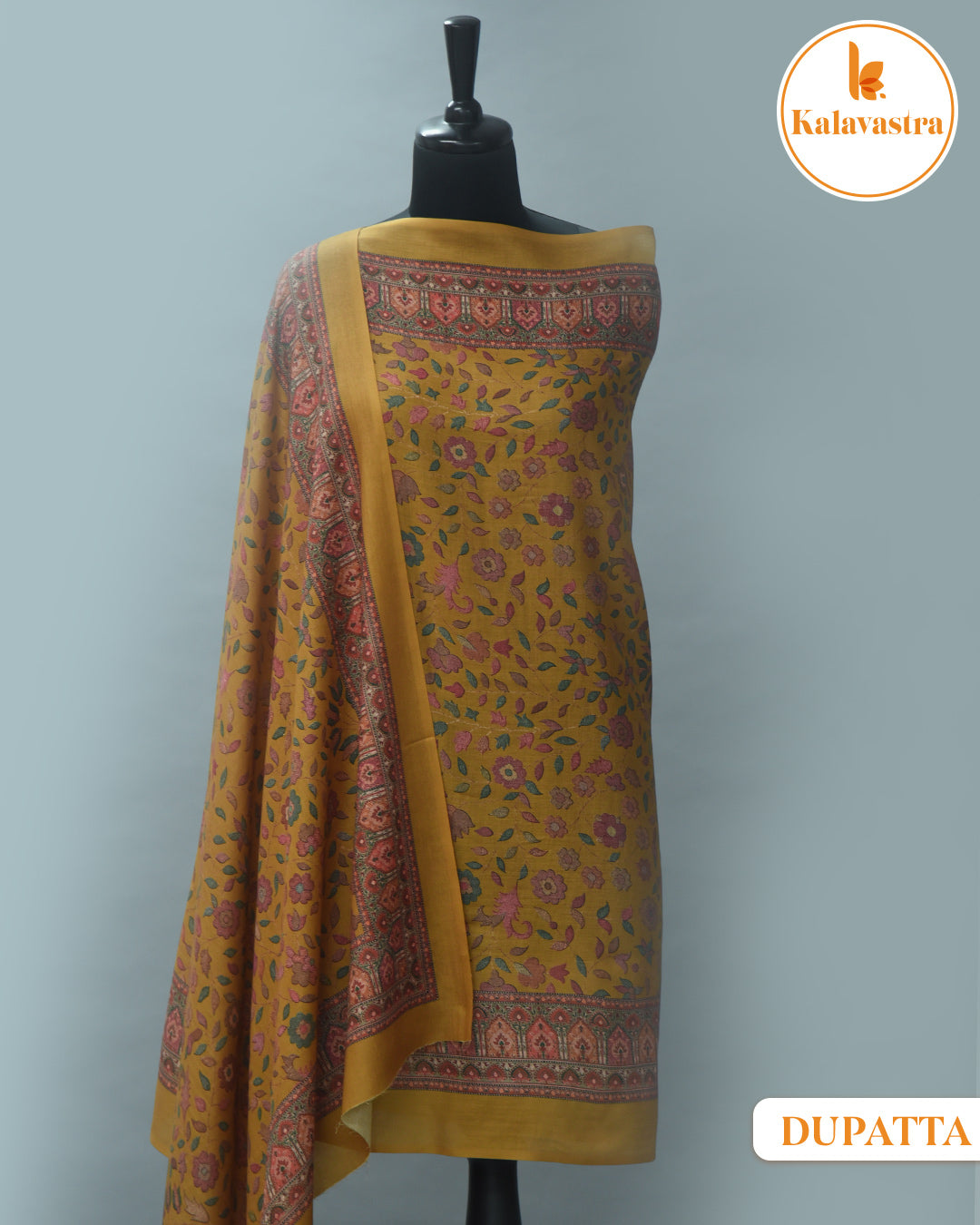 Mustard With Pink- Winter Wear - Spun - Printed - Unstitched Suit Fabric With Spun Dupatta