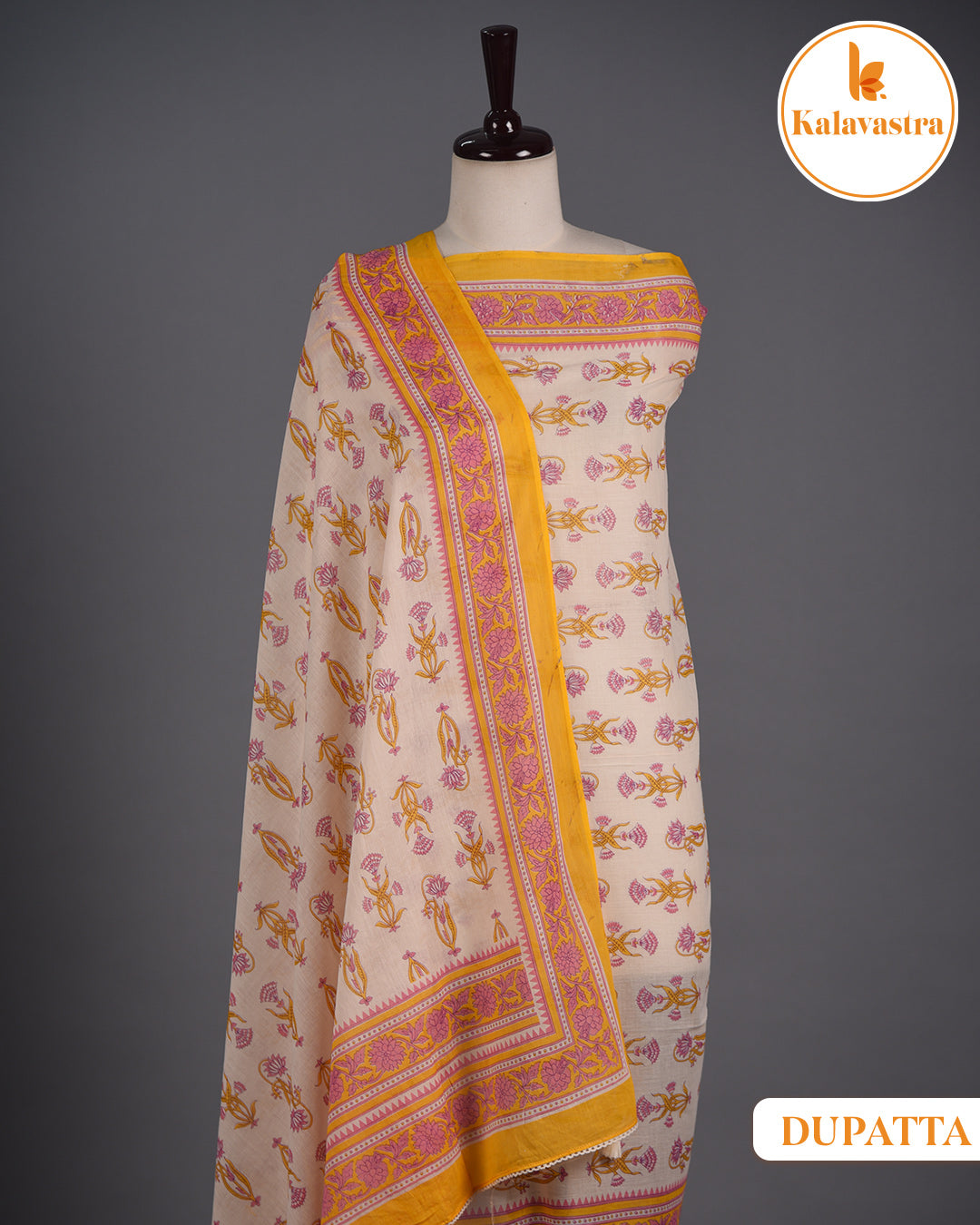 Cream With Pink- Pure Cotton - Hand Block Printed - Unstitched Suit Fabric With Cotton Dupatta