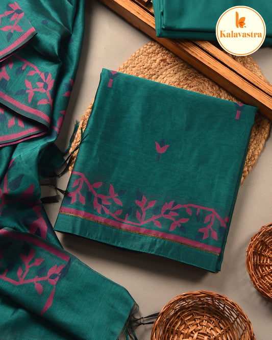 Green With Pink-Chanderi-Jamdani Woven-Unstitched Suit Fabric With Chanderi Jamdani Woven Dupatta