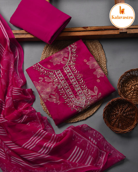 Magenta - Cotton Glazed - Printed With Embroidery - Unstitched Suit Fabric With Chiffon Dupatta