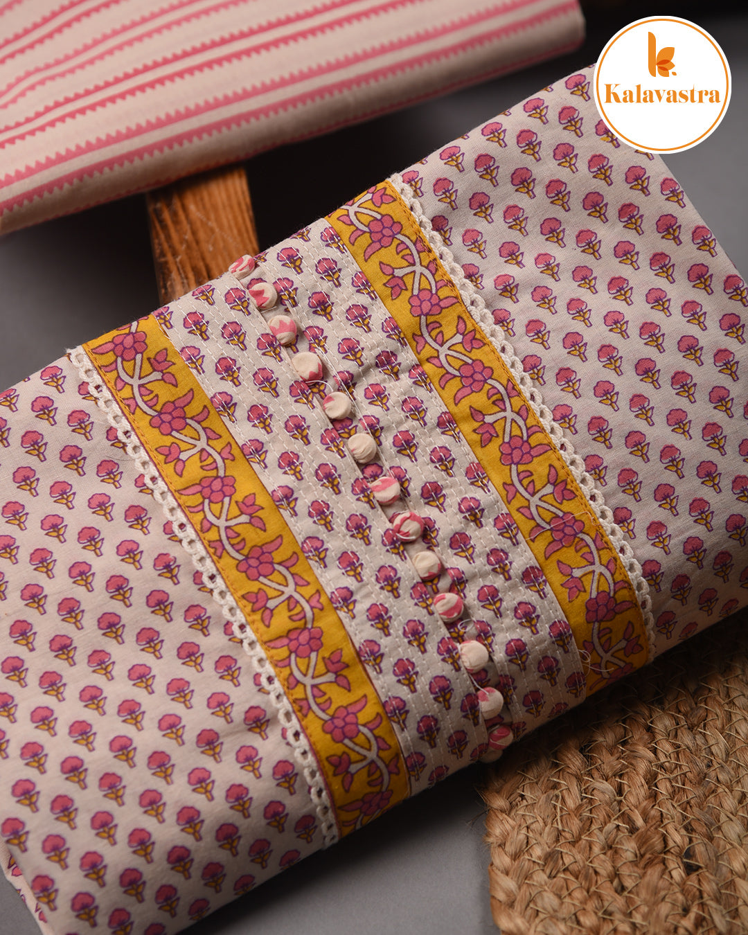 Cream With Pink- Pure Cotton - Hand Block Printed - Unstitched Suit Fabric With Cotton Dupatta