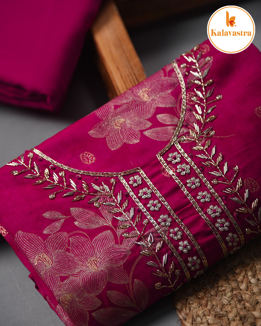 Magenta - Cotton Glazed - Printed With Embroidery - Unstitched Suit Fabric With Chiffon Dupatta