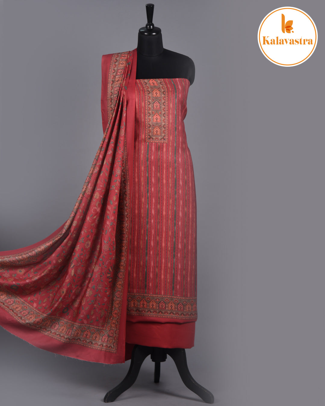 Maroon With Green- Winter Wear - Spun - Printed - Unstitched Suit Fabric With Spun Dupatta