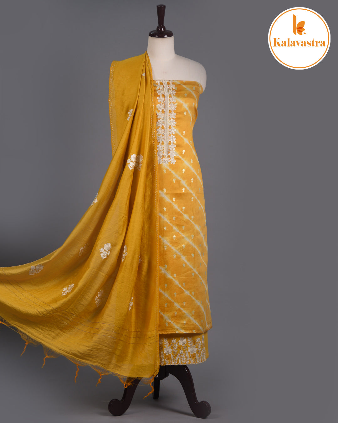 Mustard- Cotton Glazed Blend- Printed With Embroidery- Unstitched Suit Fabric With Chanderi Blend Dupatta