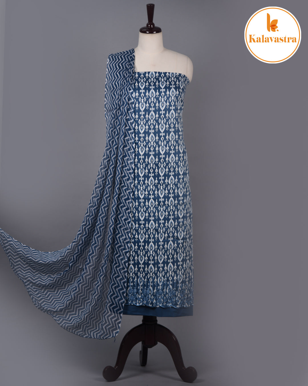 Blue - Cotton Glazed Blend - Printed With Embroidery - Unstitched Suit Fabric With Chiffon Dupatta