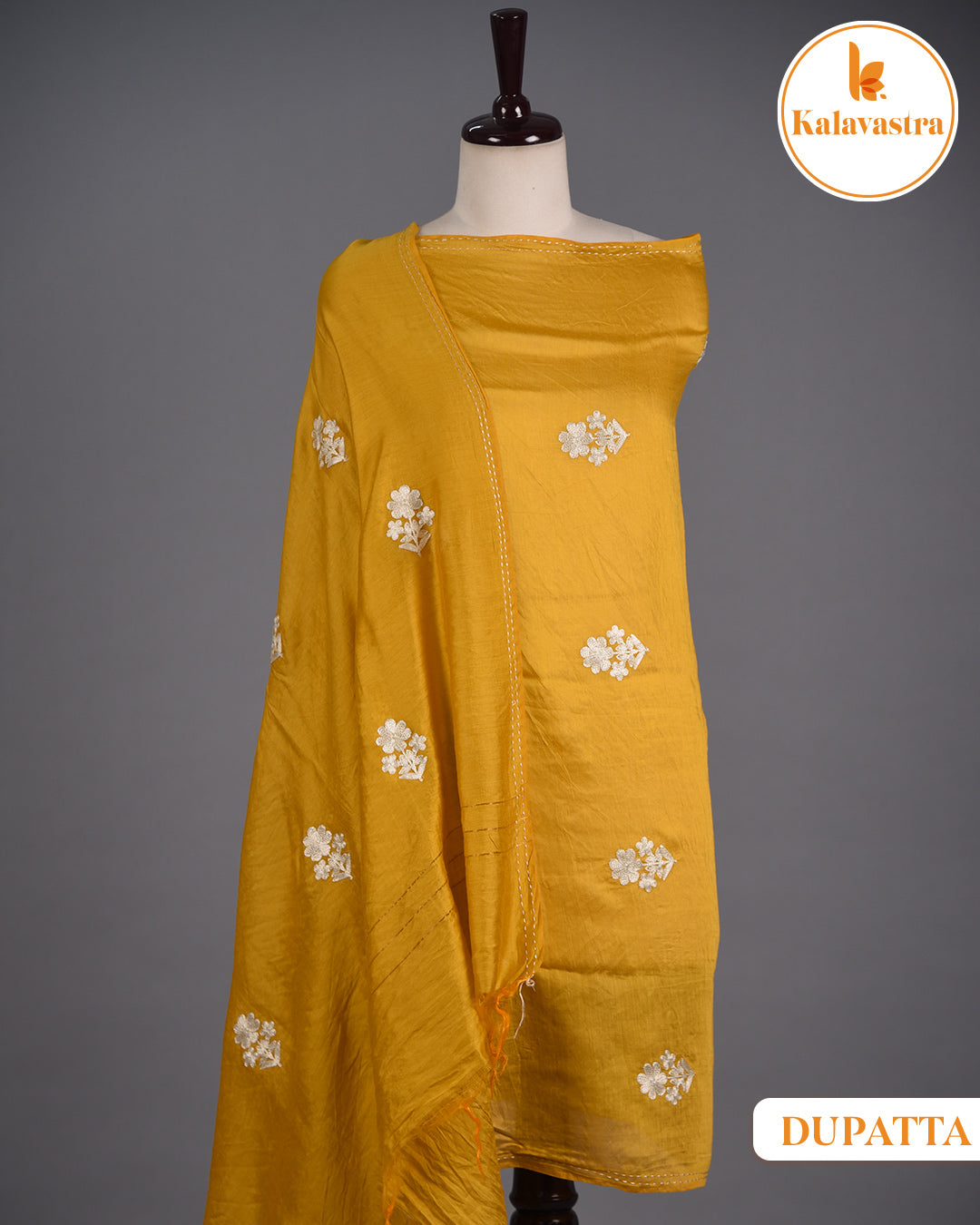 Mustard- Cotton Glazed Blend- Printed With Embroidery- Unstitched Suit Fabric With Chanderi Blend Dupatta